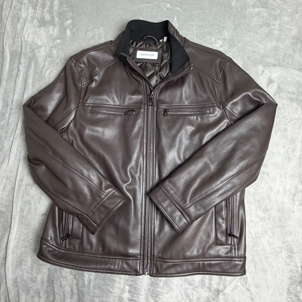 Calvin Klein Jacket Mens XL Brown Faux Leather Full Zip Mock Neck Moto Coat